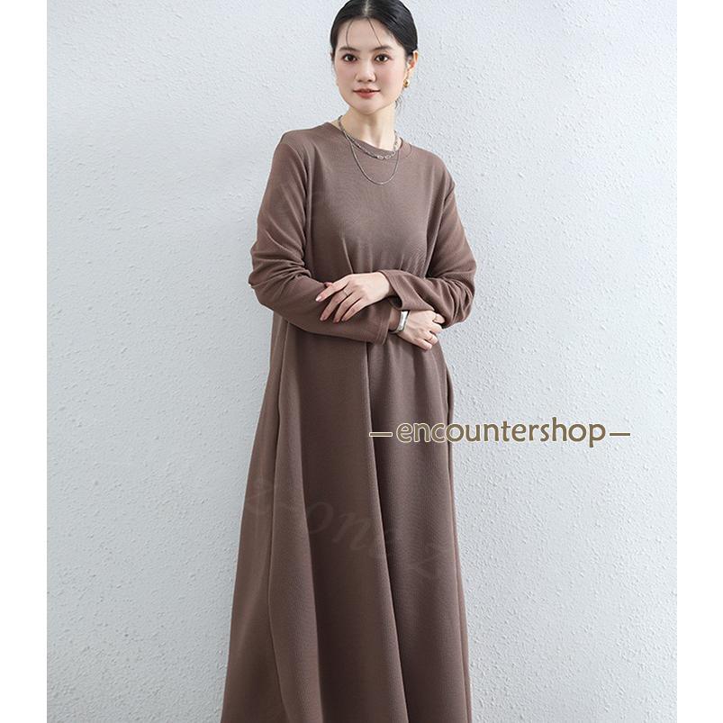 ワンピース プルオーバー エンボス加工 3type 新作  ストレッチ 長袖 半袖 伸縮性 無地 体型カバー シンプル 丸首 ラウンドネック ロングワンピース | ブランド登録なし | 06
