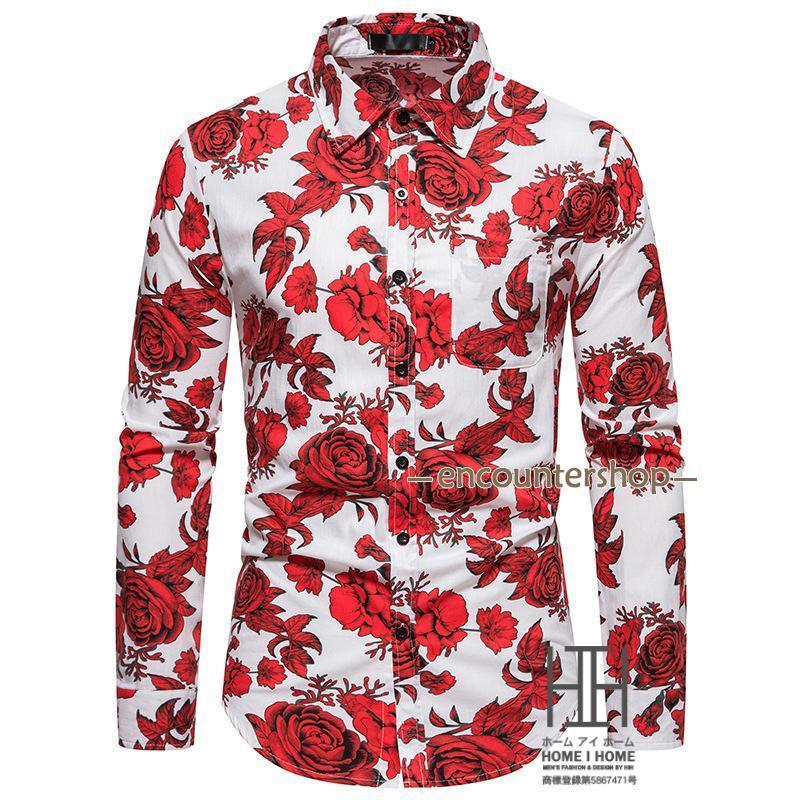 総柄シャツ 赤 花柄 2XL ビッグサイズ レトロ 柄シャツ メンズ 長袖シャツ 花柄 総柄 プリント おしゃれ 大きい