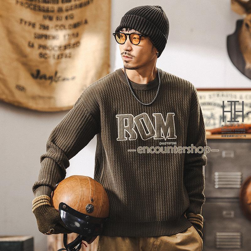 ニットセーター メンズ 長袖 畦編み クルーネック 英文字 刺繍