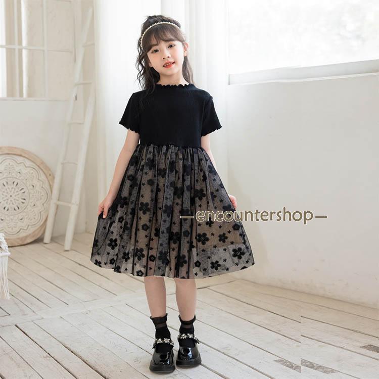 ワンピース 子どもワンピース 花柄 ドレス 卒業式 黒 半袖 フリル
