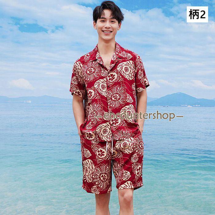 上下セット 半袖 メンズ 総柄 セットアップ 夏 花柄 アロハ