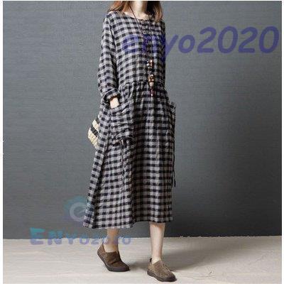 ワンピース レディース きれいめ 大きいサイズ マキシ丈ワンピース 綿麻ワンピース チェック柄ワンピース 切り替えワンピース 韓国風 大人 最も信頼できる