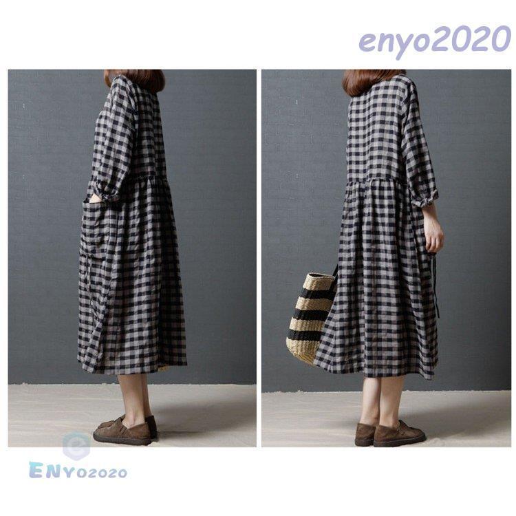 ワンピース レディース きれいめ 大きいサイズ マキシ丈ワンピース 綿麻ワンピース チェック柄ワンピース 切り替えワンピース 韓国風 大人 最も信頼できる