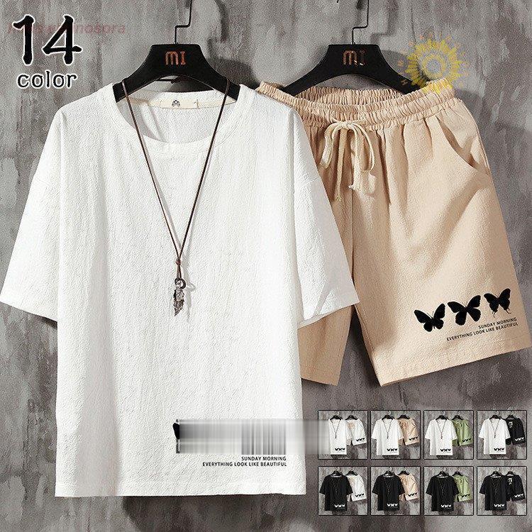 上下セット メンズ 綿麻 セットアップ 切り替え カジュアル おしゃれ 上下 七分袖tシャツ クロップドパンツ 夏 売り切り御免