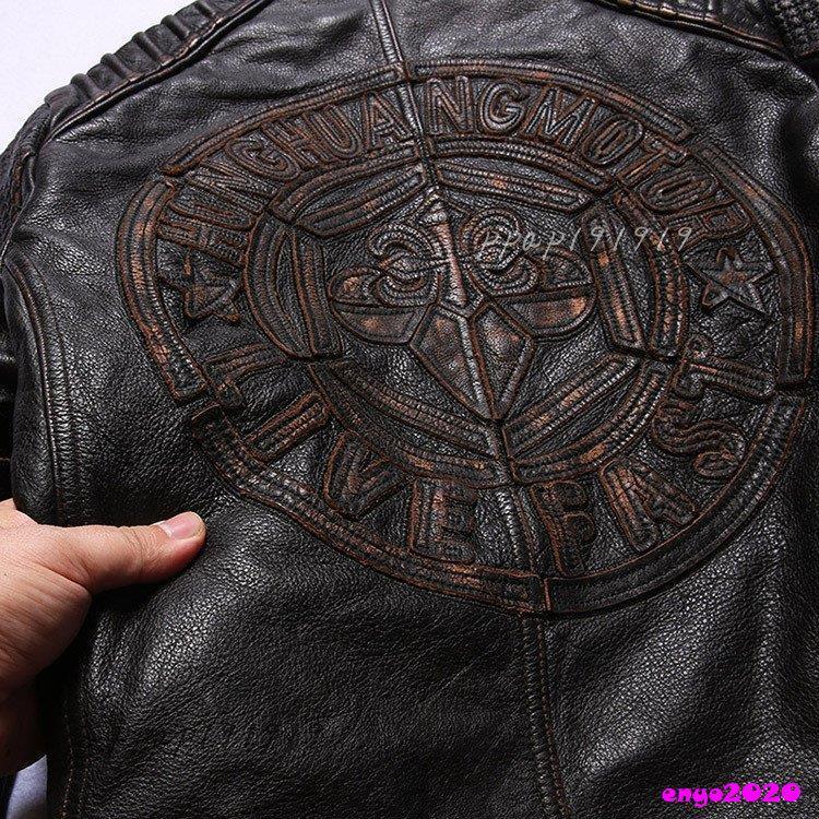 メンズファッション レザージャケット 牛革ジャケット 細身タイプ 刺繍