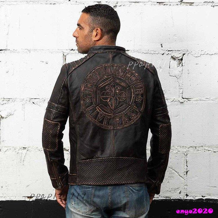 メンズファッション レザージャケット 牛革ジャケット 細身タイプ 刺繍