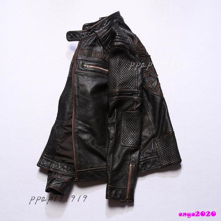 メンズファッション レザージャケット 牛革ジャケット 細身タイプ 刺繍