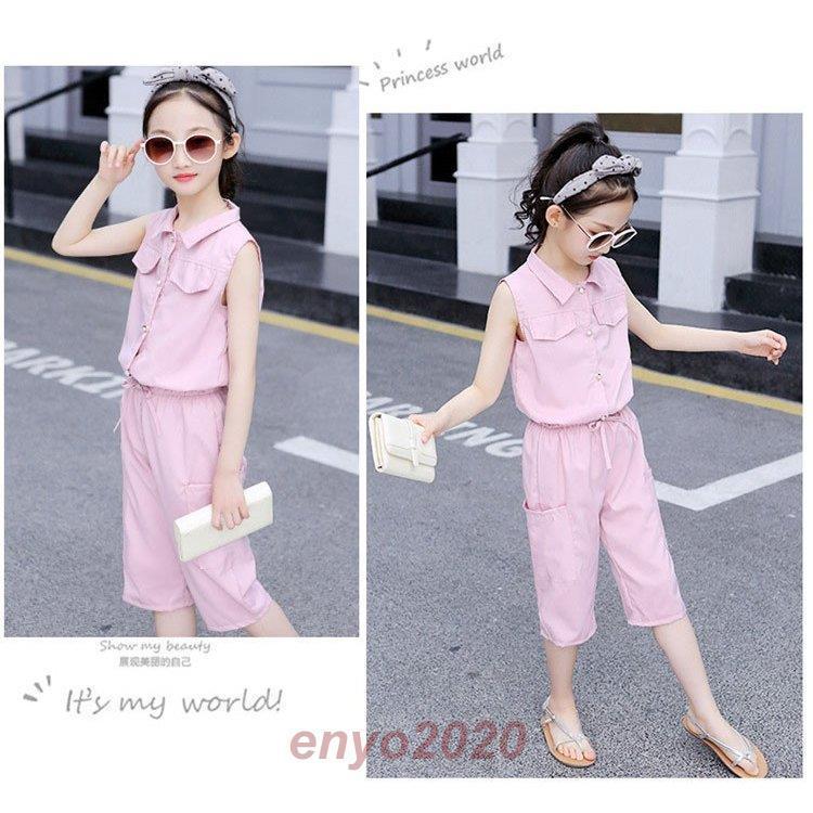 子供服 セットアップ 女の子 韓国子供服 キッズ ジュニア 夏 上下セット 2点セット ノースリーブ Tシャツ 折り襟 七分パンツ 無地 可愛い おしゃれ 通学着