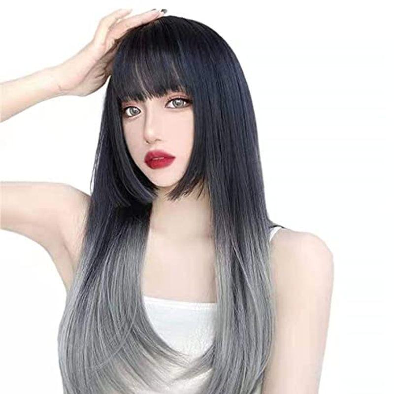 ウィッグ ロング ストレート姫カット ウイッグ 黒髪 グラデーション 女装 フルウィッグ ロリータ コスプレ かつら wig 小顔 自然 耐