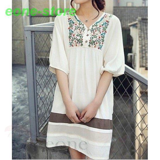 綿麻シャツワンピ半袖トップスvネック花柄刺繍ロングワンピースｔシャツ二点ナチュラルブラウス森ガール風カジュアルドレス13色民族風エレガント Dx10 E One Store 通販 Yahoo ショッピング