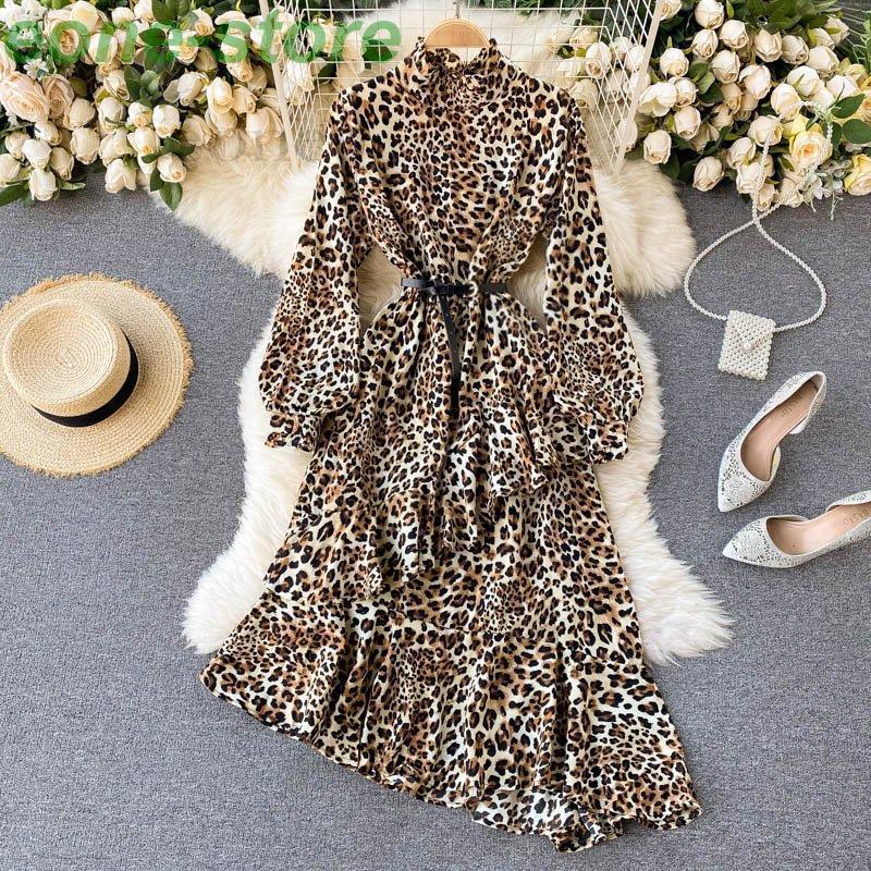 欧米風レトロヒョウ柄ワンピース21年春新作女性気質スタンドカラースリムイレギュラー
