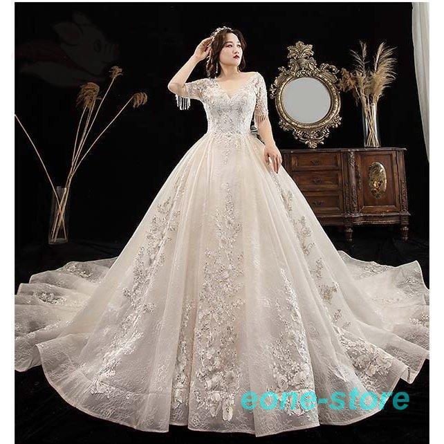 値引き 通販 ウェディングドレス 花嫁 大きいサイズ 袖あり Vネック 結婚式 白ドレス 編み上げタイプ ロングドレス トレーンドレス 発表会 プリンセスライン 流通センター Www Superavila Com