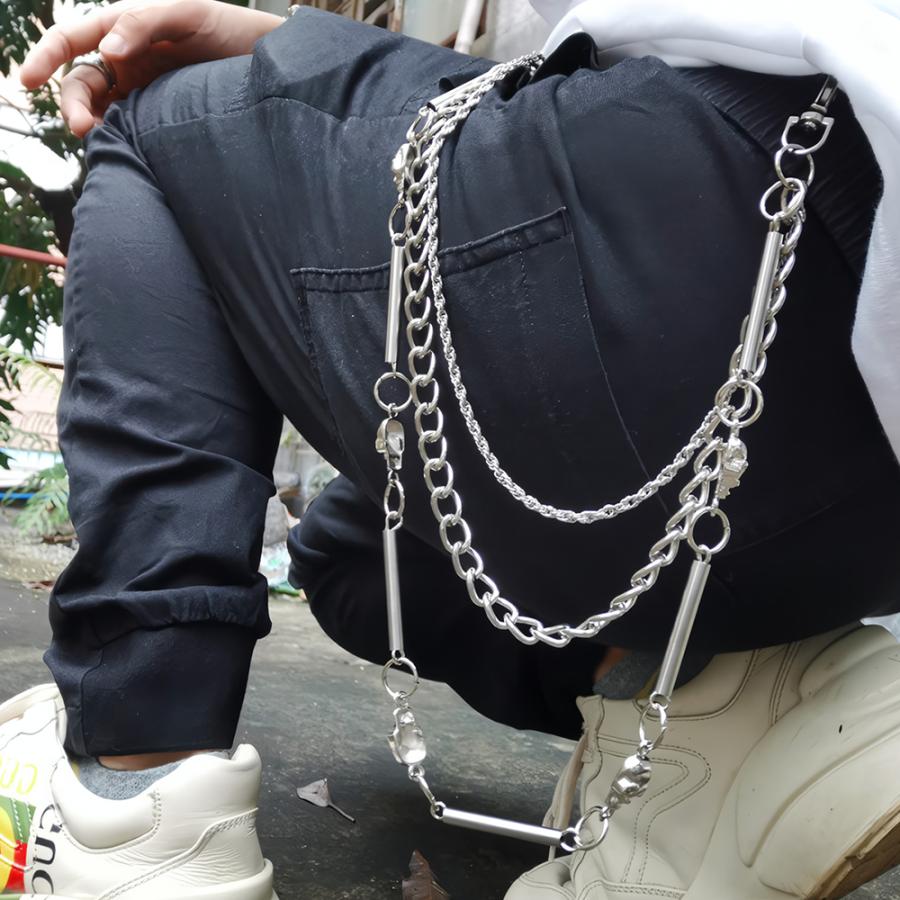 パイプライン＆スカル パンツチェーン 3連 シルバー フック ウォレットチェーン ジーンズチェーン ウエストチェーン メンズ レディース チェーン アクセサリー |  | 18
