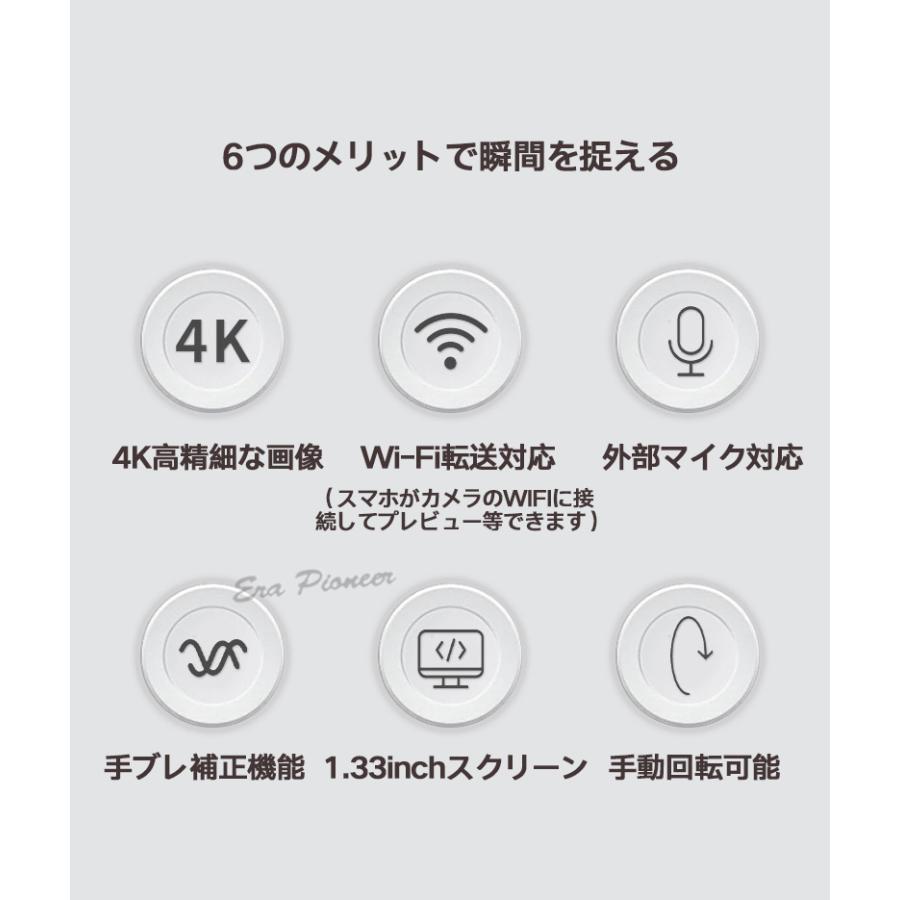超軽量4Kアクションカメラ 1.33インチ画面 Wi-Fi転送 270度回転 手ブレ
