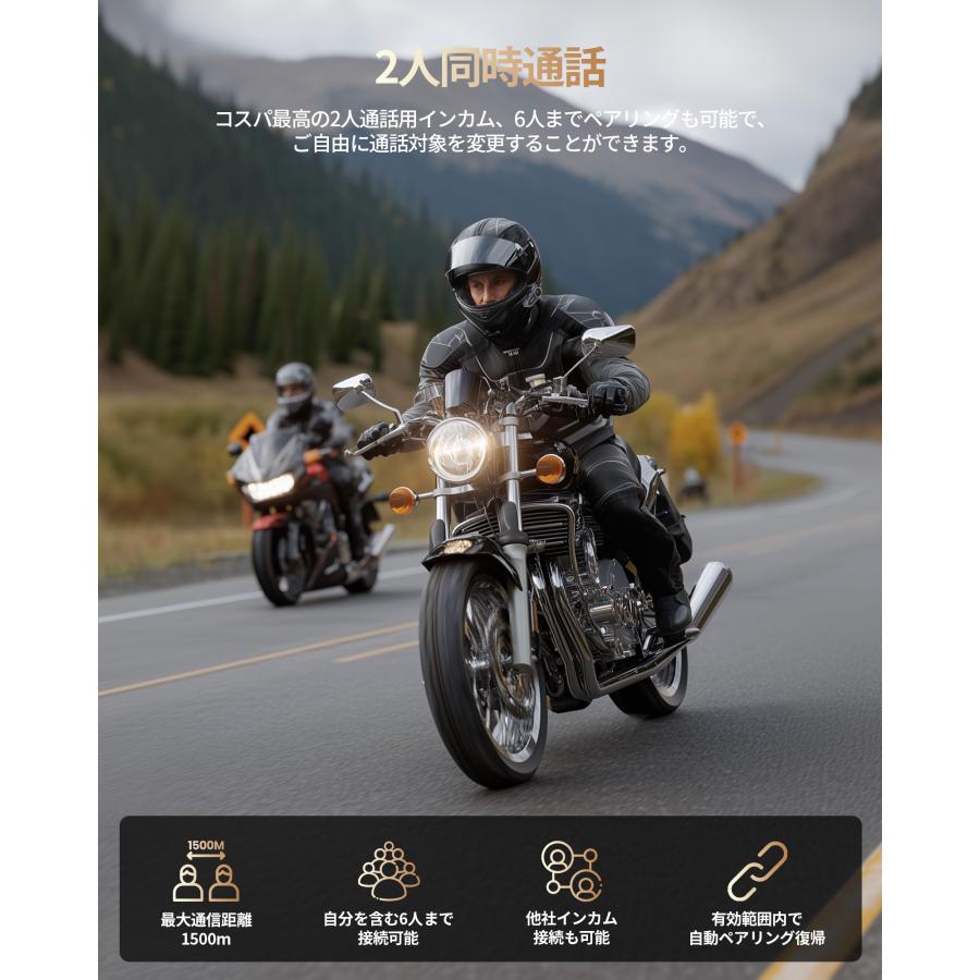 JESIMAIK 2台セット バイクインカム 2人通話モデル 最大通信1500m HiFi