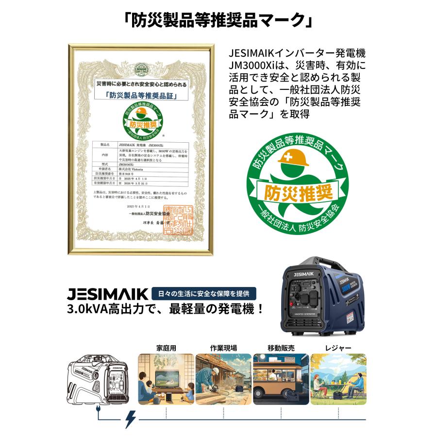 9月21日入荷 JESIMAIK インバーター発電機 発電機 インバーター 3200W 高出力 23kg 超軽量 59dB 低騒音 防災 家庭用 ガソリン 小型 JM3000Xi | JESIMAIK | 07