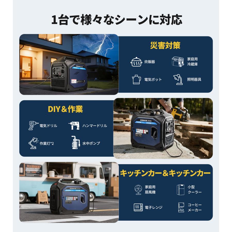 JESIMAIK インバーター発電機 2200W 高出力 19kg 最軽量 56dB 低騒音 