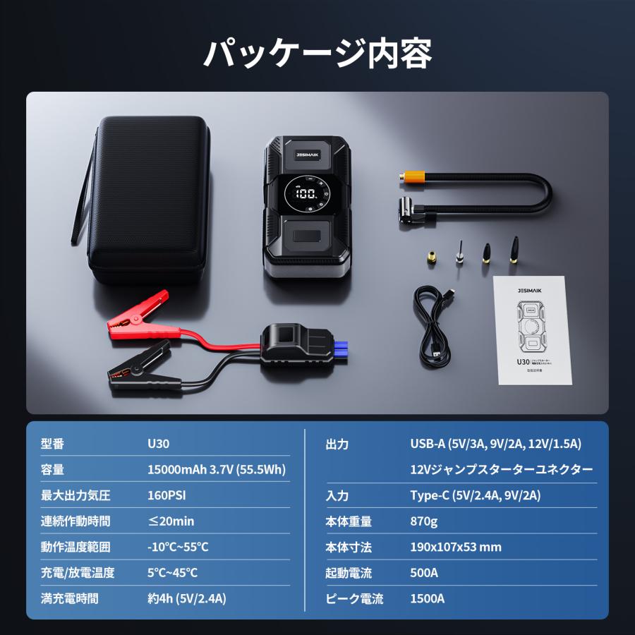 JESIMAIK 1台2役 ジャンプスターター 12V 車用 バイク 15000mAh 1500A
