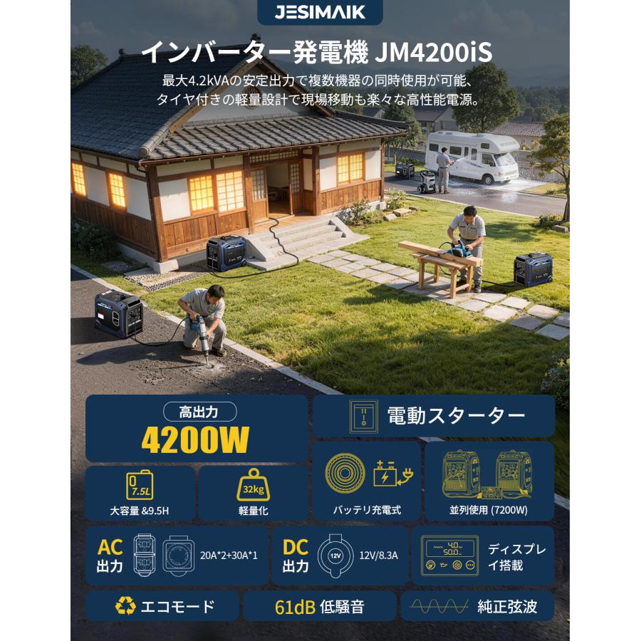 JESIMAIK インバーター発電機 単相 100V 発電機 4200W 32kg 軽量 61dB 静音 一発始動 セル付 デジタル表示 業務 農業 JM4200iS | JESIMAIK | 01