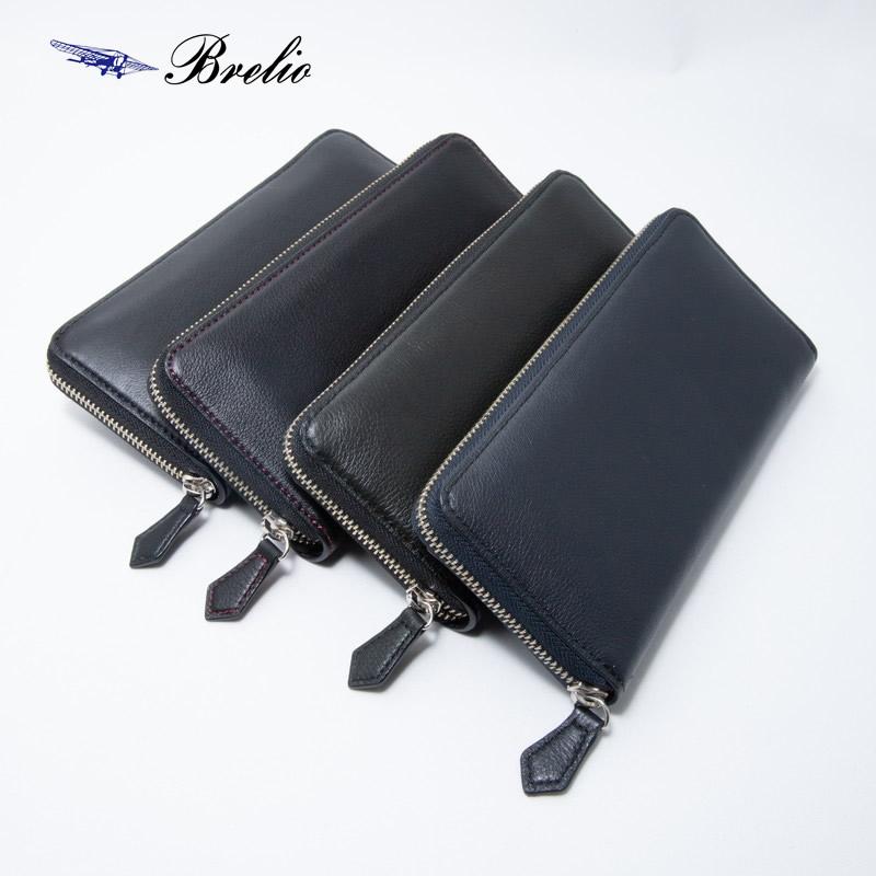 reireiグレー＋ブラック計2本 名入れ対象商品】Brelio YAKレザー 長財布 本革 ラウンドジップ 小銭