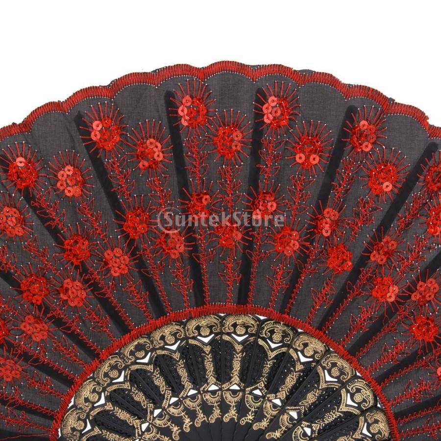 全5色選べる スペイン風 シルク製 扇子 刺繍 スパンコール付 踊り用 手扇 折り畳み - 赤｜eriistore｜04