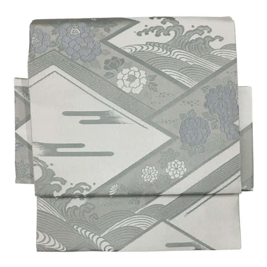 喪服用 付け帯 No.61 グレー 松皮菱柄 西陣織 お太鼓結び 作り帯 色共帯 法事 正絹軽装帯