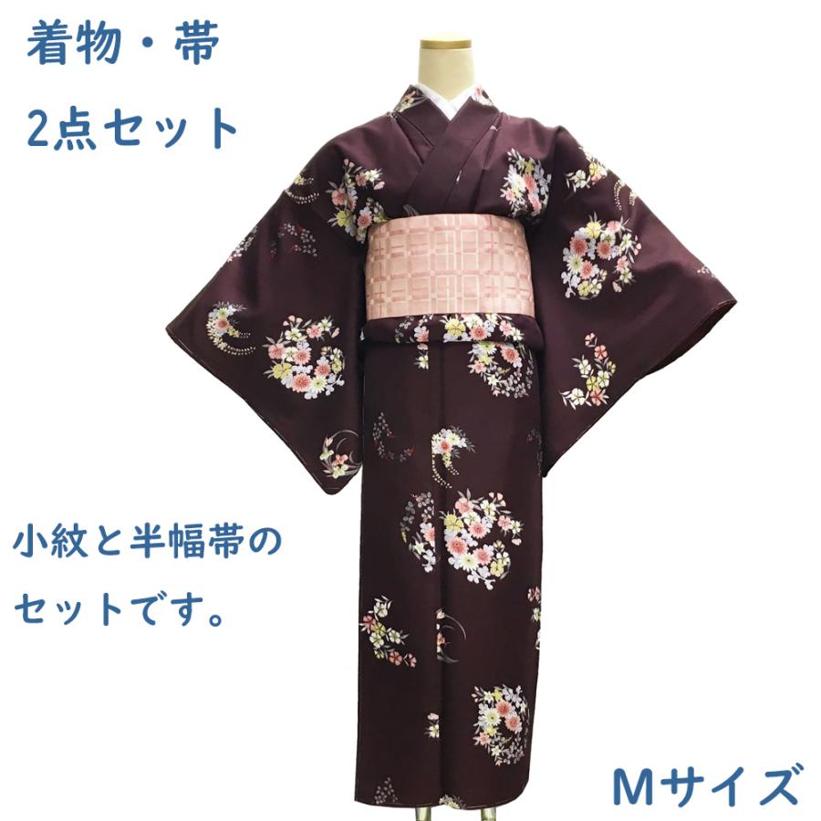 着物 半幅帯 2点セット Set21 女性 小紋 袷 Mサイズ えんじ 葡萄茶色 花柄 ピンク 格子柄 洗える ポリエステル 合繊 仕立て上がり 在庫処分品 宅配便 Kimono Set21 きものshop 衿子 通販 Yahoo ショッピング