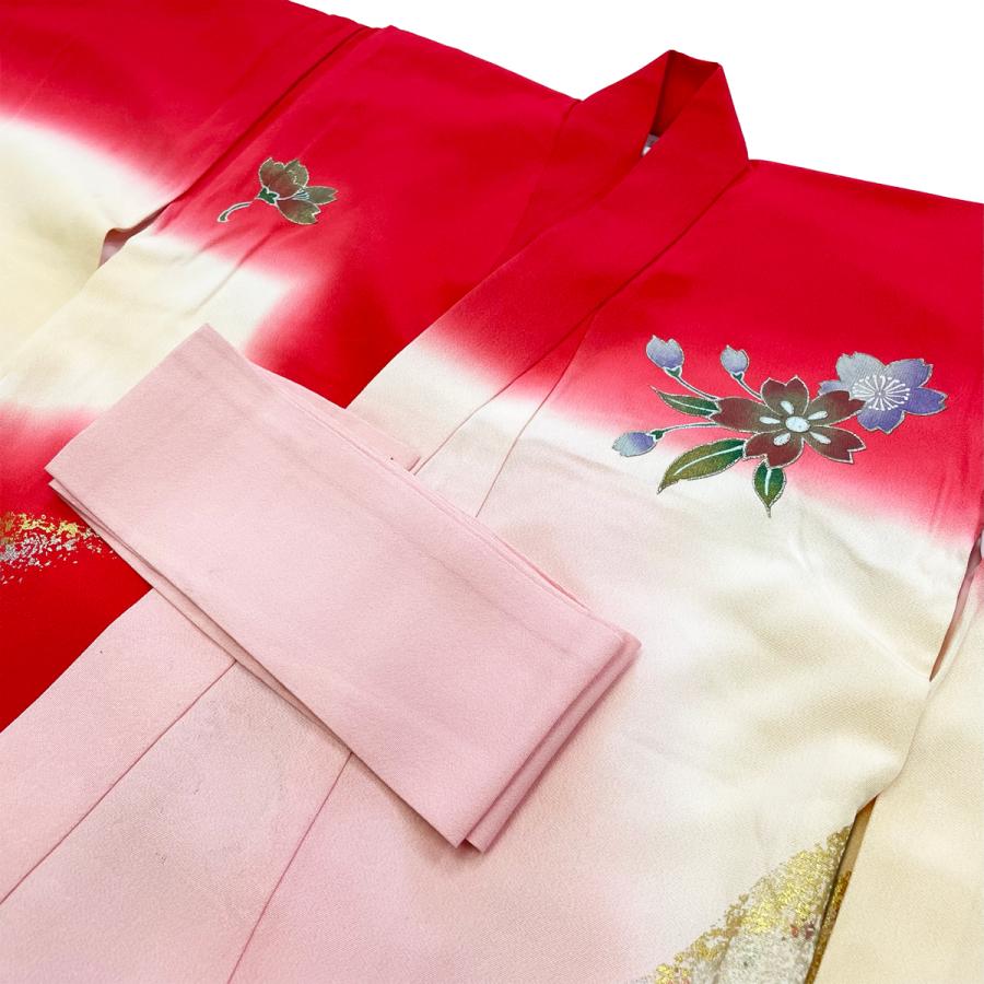 子供 祝い着 熨斗目 着物 長襦袢 セット No.199 赤 花柄 腰紐付き