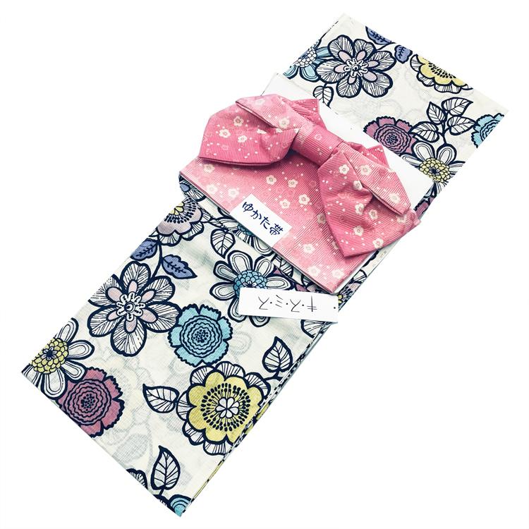 浴衣 作り帯 セット 女性用 No.23 生成 花柄 ピンク 梅柄 2点セット