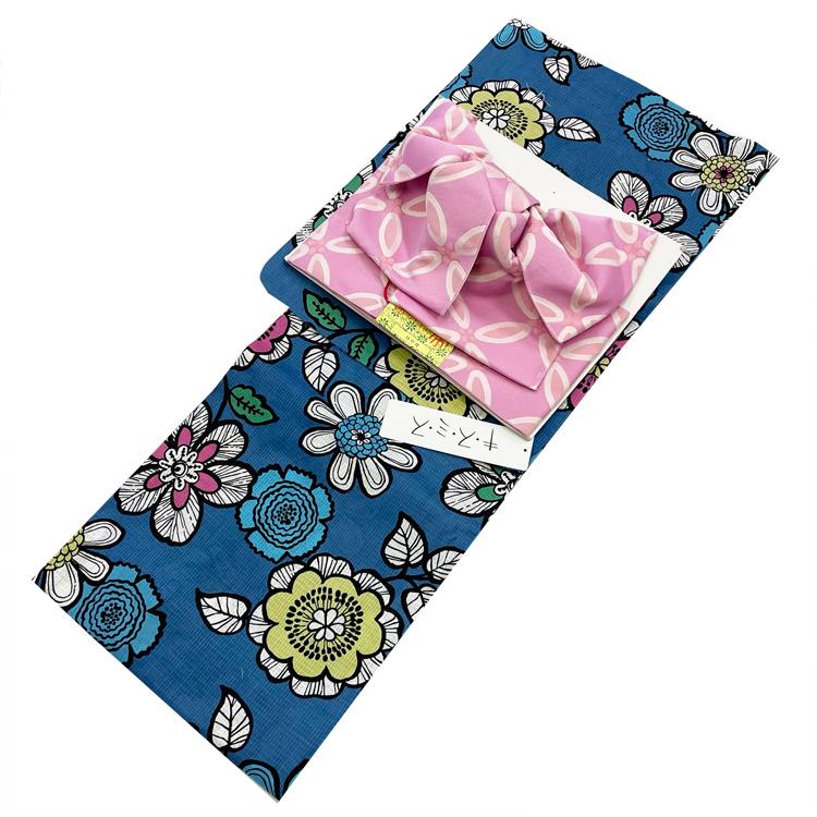 浴衣 作り帯 セット 女性用 No.28 青 薄縹色 花柄 ピンク 七宝つなぎ