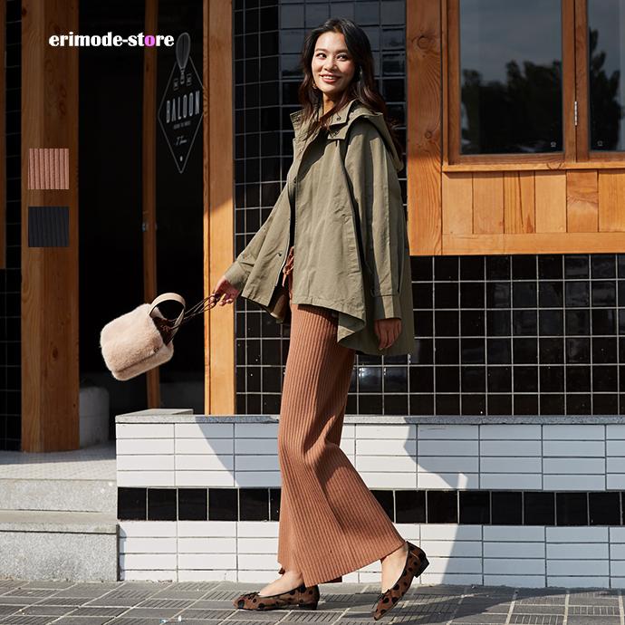 リブニット スリット ワイトパンツ ニット リブニットパンツ ワイド ストレッチ リブ編み ウエストゴム ボトムス レディース 162557 | 