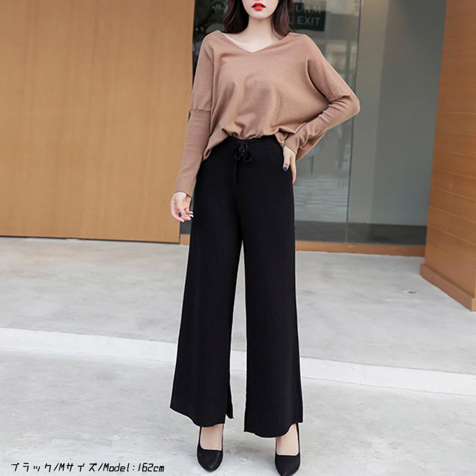 リブニット スリット ワイトパンツ ニット リブニットパンツ ワイド ストレッチ リブ編み ウエストゴム ボトムス レディース 162557 |  | 04