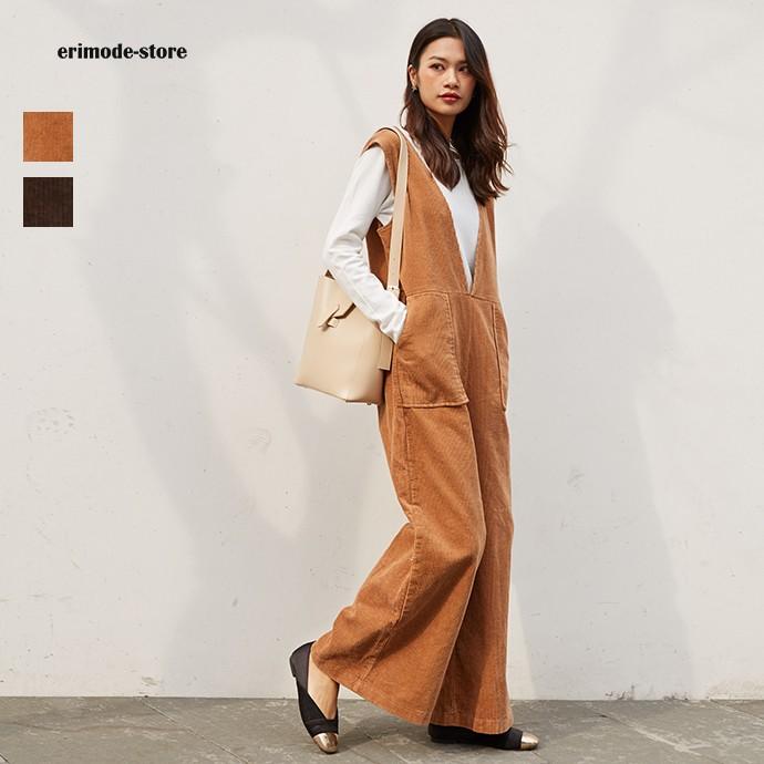 コーデュロイサロペット Vネックオールインワン 綿100％ ゆったり