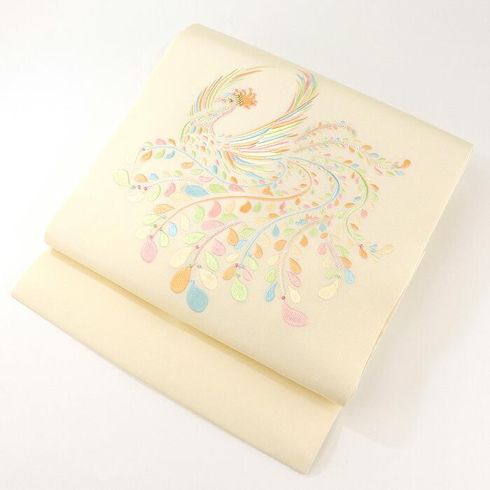 衿秀 公式 帯 名古屋帯 おび 帯 九寸 Legend レジェンド 不死鳥 フェニックス 鳳凰 クリーム 豪華 刺繍 ガラスビーズ 日本製 和装小物 和小物 えりひで 襟の衿秀の画像