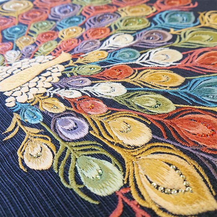 衿秀 公式 帯 名古屋帯 おび 九寸 仕立て上がり 孔雀 黒 刺繍 swarovski 日本製 和装小物 和小物 えりひで 襟の衿秀の画像