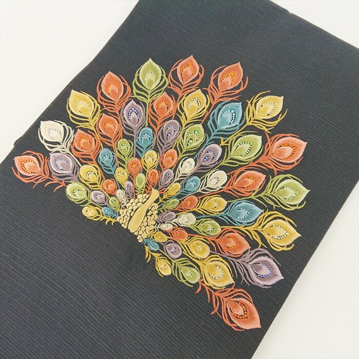衿秀 公式 帯 名古屋帯 おび 九寸 仕立て上がり 孔雀 黒 刺繍 swarovski 日本製 和装小物 和小物 えりひで 襟の衿秀の画像
