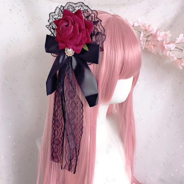 ロリータ 髪飾り 日本国内当日発送 ヘアアクセサリー 薔薇 リボン 暗黒
