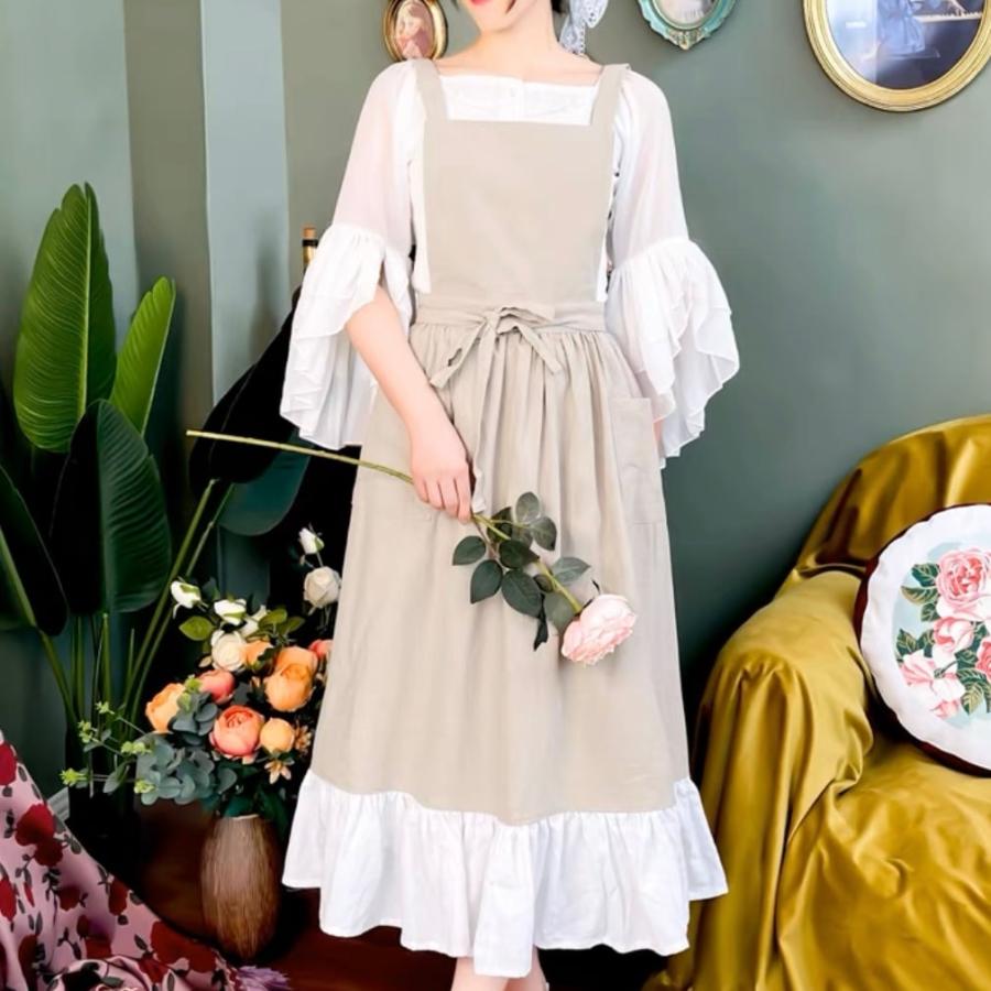 ワンピースエプロン リネン 裾フリル ベージュH011 | 