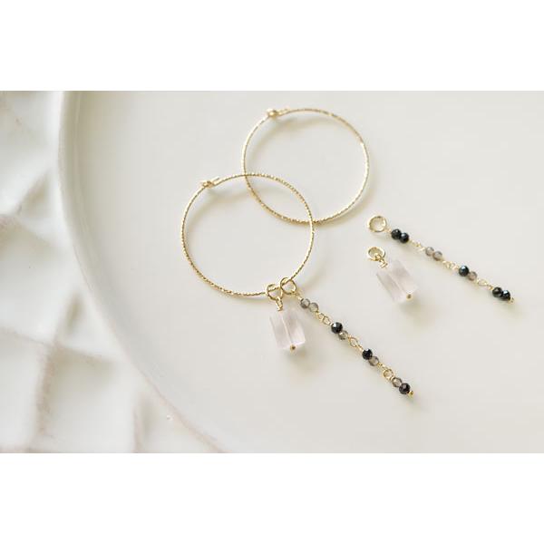 ブラックスピネル＆スモーキークォーツ アシンメトリー ロング ピアス 