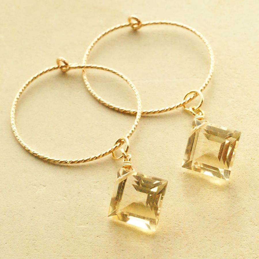K18 ピアス チャーム 天然石 シトリン ダイヤファセットカット 18金 両 