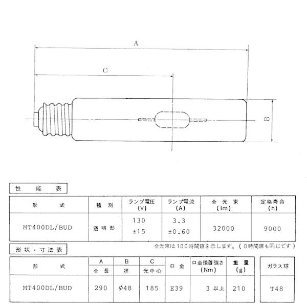 「送料無料」岩崎 MT400DL/BUD メタルハライドランプ 400W 透明形 垂直点灯 E39 MT400DLBUD_2