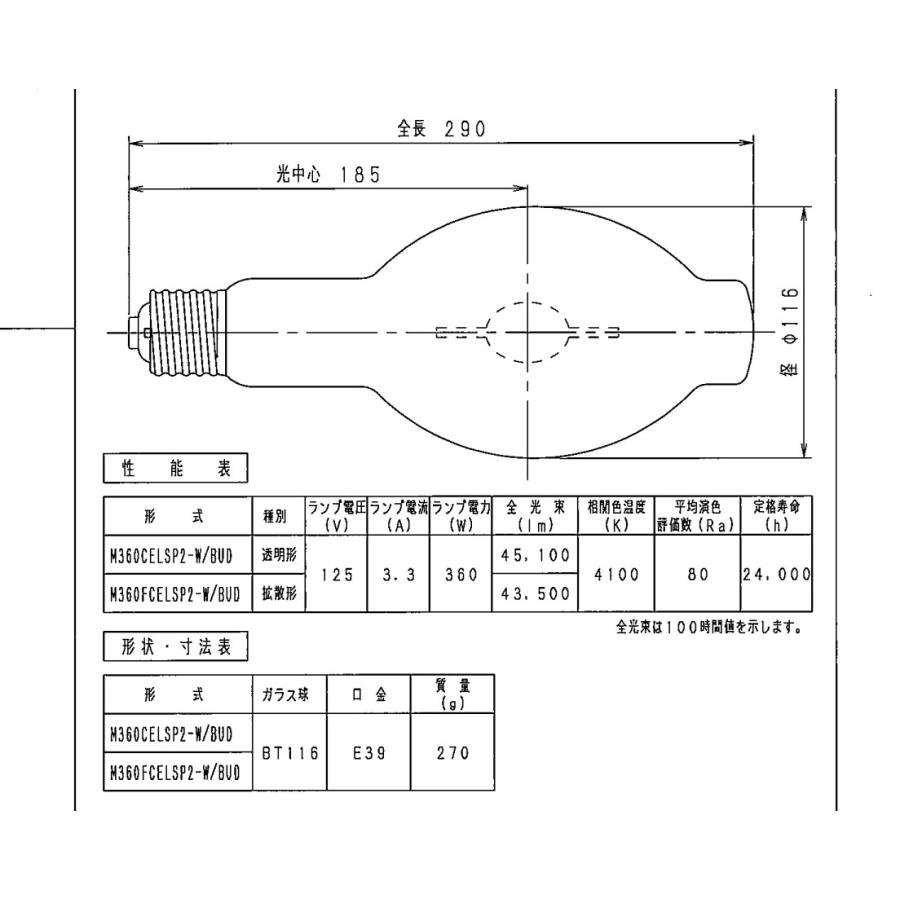 「送料無料」岩崎 M360FCELSP2-W/BUD セラミックメタルハライドランプ 360W 拡散形 垂直点灯 E39 M360FCELSP2WBUD｜esco-lightec｜03