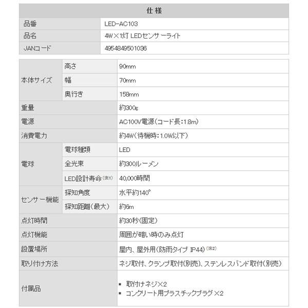 RITEX ムサシ LED センサーライト コンセント式 屋外 4Wx1灯 LED-AC103