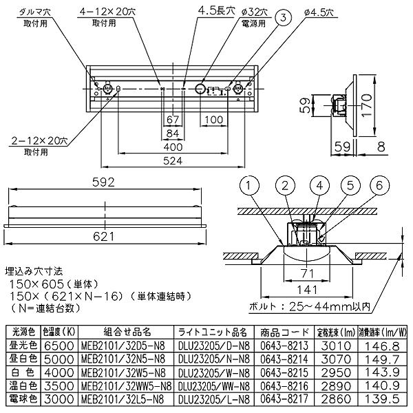 ホタルクス NEC MEB2101/32N5-N8 LEDベースライト 20形 埋込形 150mm幅 FHF16 高出力 2灯相当 3200lm 昼白色「送料無料」_4
