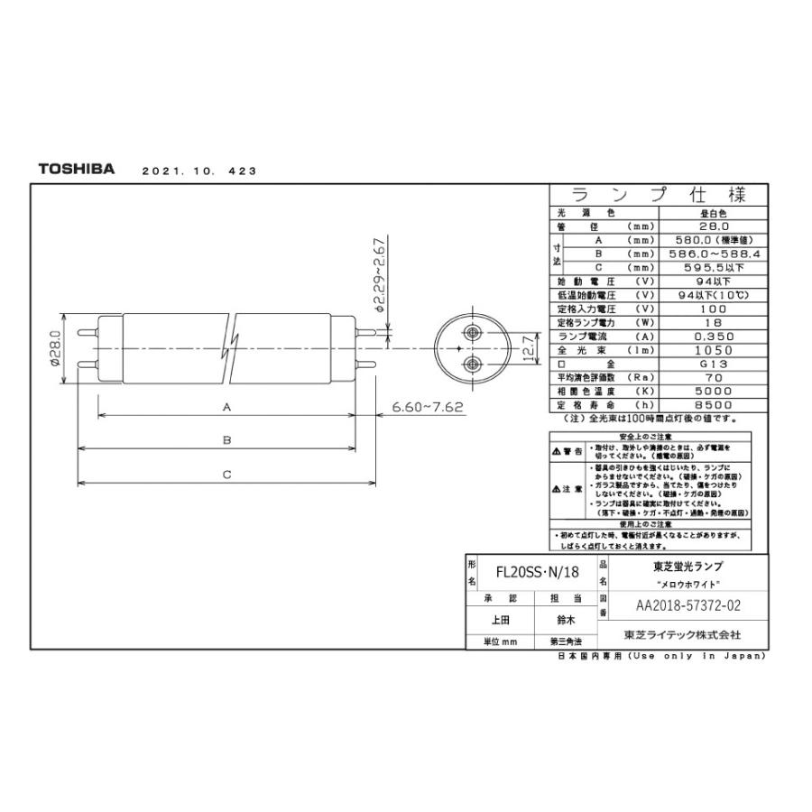 TOSHIBA 東芝 FL20SS・N/18 メロウホワイト 昼白色 20形 18ワット 直管スタータ形 Ｎ:光源色:昼白色 色温度:5000K 適合グロー:FG1E/FG1P「区分B」｜esco-lightec｜03