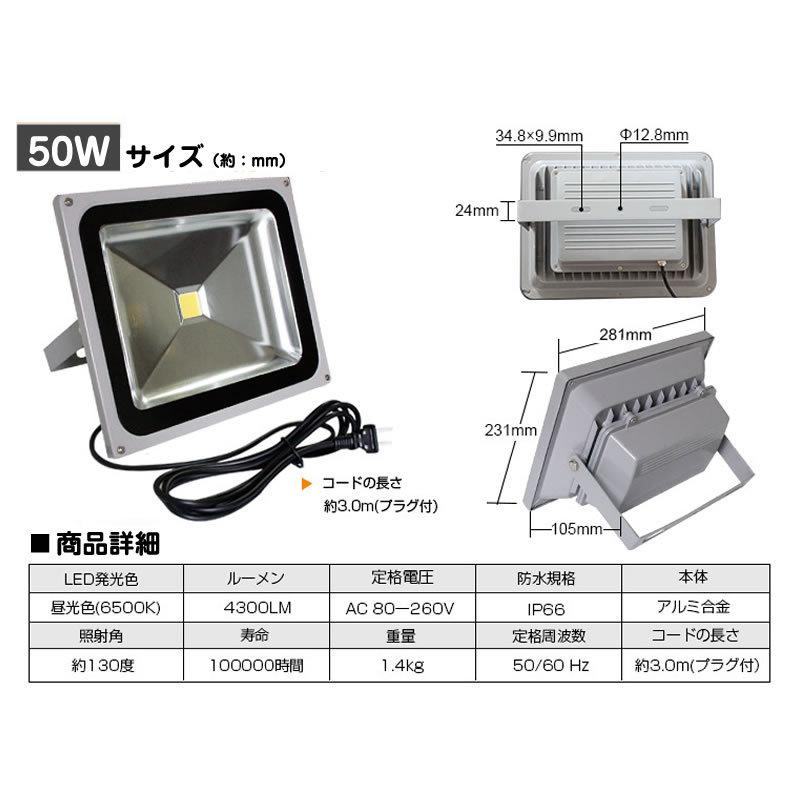 LEDライト LED投光器 50W 昼光色 防水 4300LM(500W相当) 広角130度 ハイパワー 1個 |  | 01