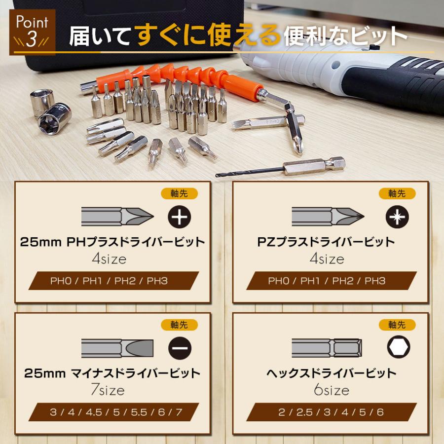 電動ドライバー セット 小型 47点セット USB 充電式 ビットセット コードレス コンパクト ドライバードリル DIY 大工 工具 六角レンチ 工具セット |  | 04
