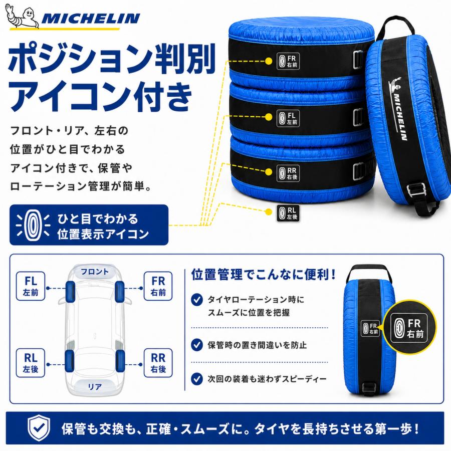 ミシュラン MICHELIN タイヤトート タイヤ保管バッグ 4枚セット 撥水 タイヤ収納 スタッドレス 夏タイヤ 13〜20インチ対応 持ち手付き | ミシュラン | 07