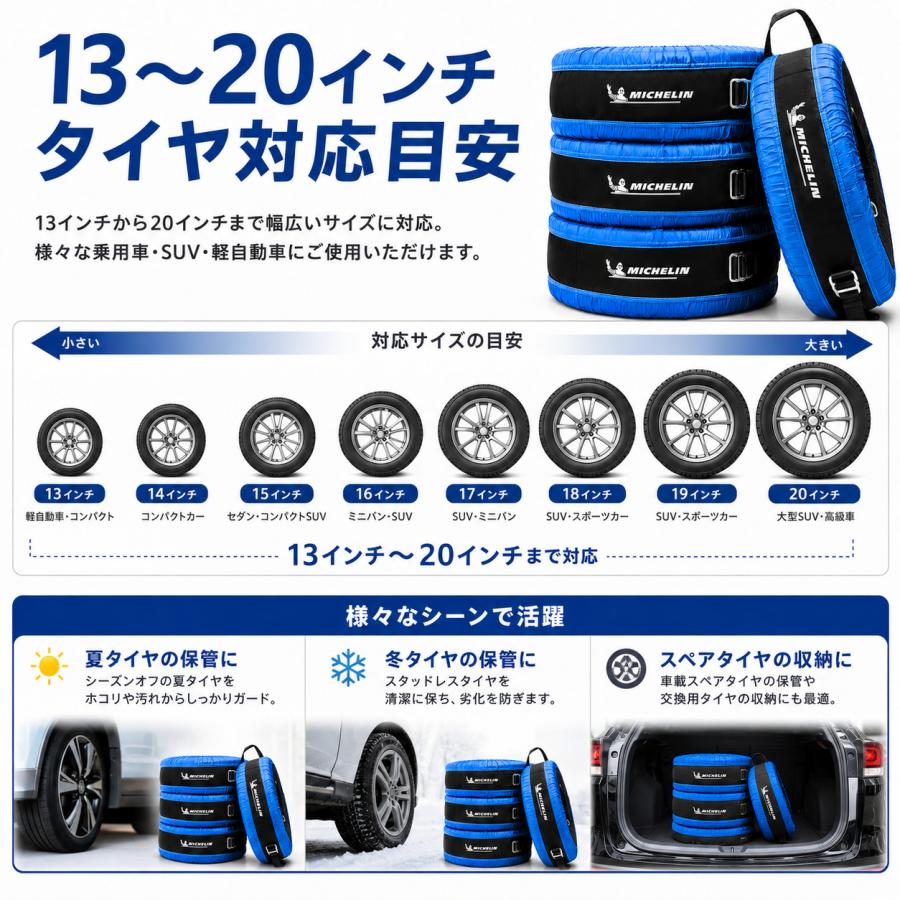 ミシュラン MICHELIN タイヤトート タイヤ保管バッグ 4枚セット 撥水 タイヤ収納 スタッドレス 夏タイヤ 13〜20インチ対応 持ち手付き | ミシュラン | 08