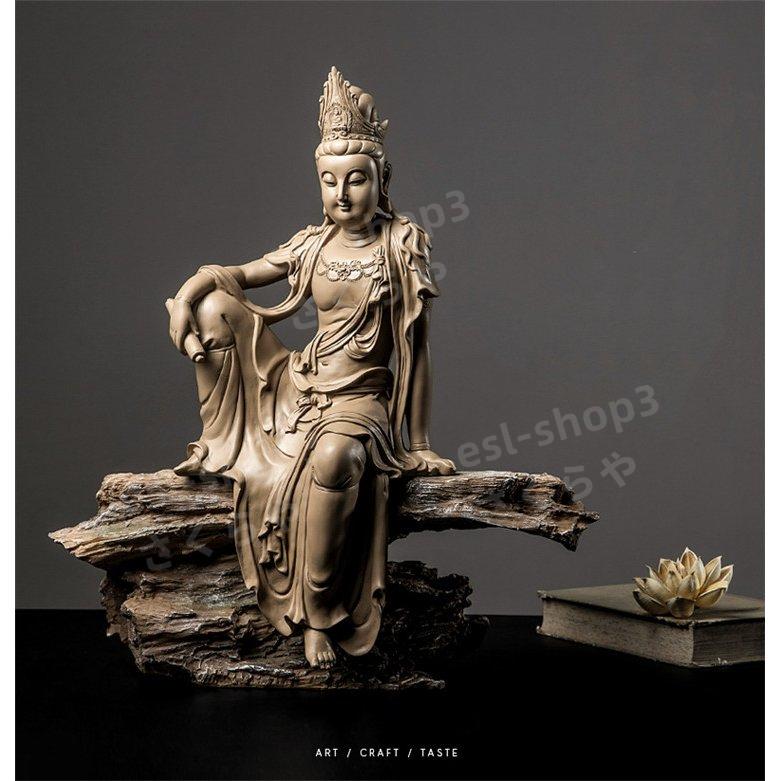 仏教美術 自在観音菩薩像 樹脂 禅意仏像置物 台座付き 高52cm 幅48m 厚 